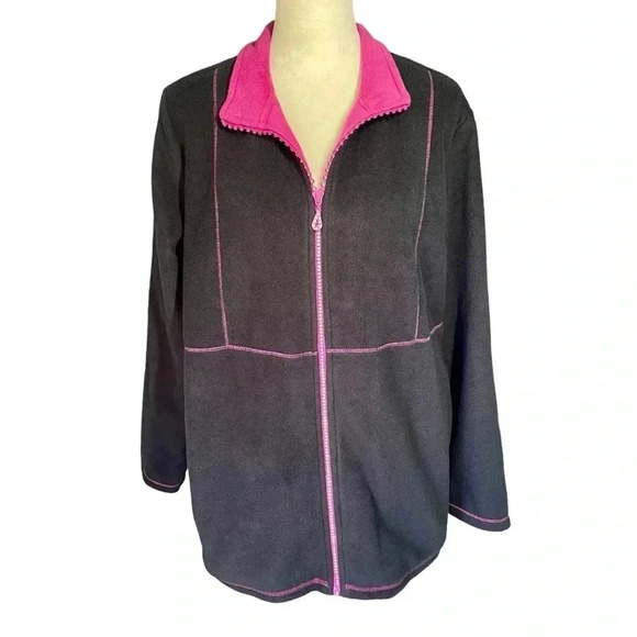 Quacker Factory Rhinestones Pink Zipper Black Fleece Comfy Sweater Women Size L - Picture 1 of 9